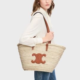 MEDIUM CELINE CLASSIC PANIER IN PALM LEAVES AND CALFSKIN - TAN CELINE at Celine